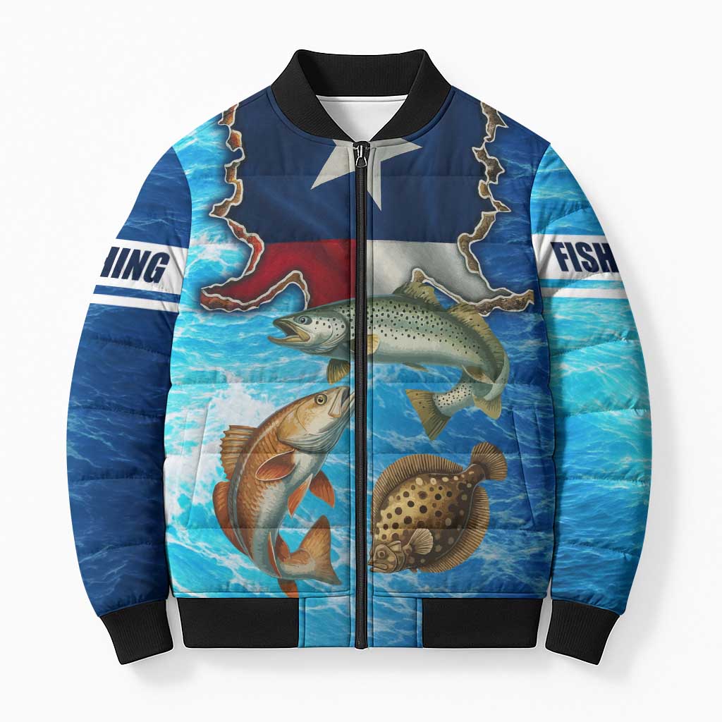 Texas Flag Fishing Bomber Puffer Jacket with Ocean Fish Graphic and Blue Water Background - Wonder Print Shop