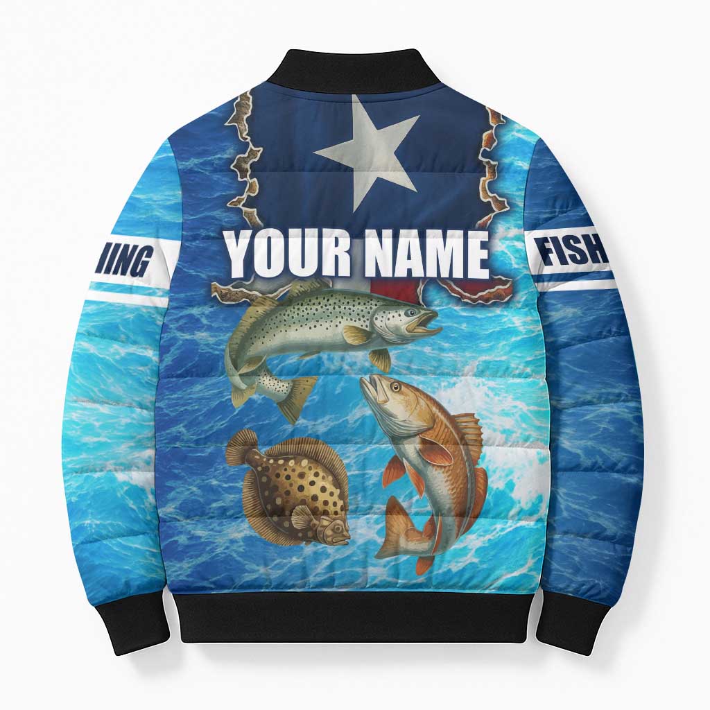 Texas Flag Fishing Bomber Puffer Jacket with Ocean Fish Graphic and Blue Water Background - Wonder Print Shop