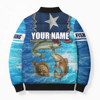 Texas Flag Fishing Bomber Puffer Jacket with Ocean Fish Graphic and Blue Water Background - Wonder Print Shop