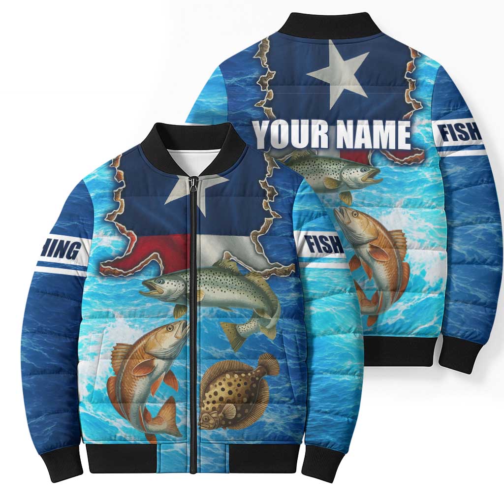 Texas Flag Fishing Bomber Puffer Jacket with Ocean Fish Graphic and Blue Water Background - Wonder Print Shop