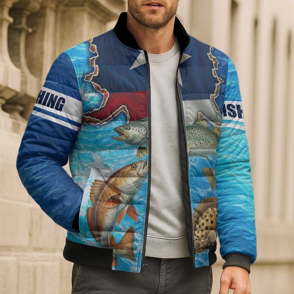 Texas Flag Fishing Bomber Puffer Jacket with Ocean Fish Graphic and Blue Water Background - Wonder Print Shop
