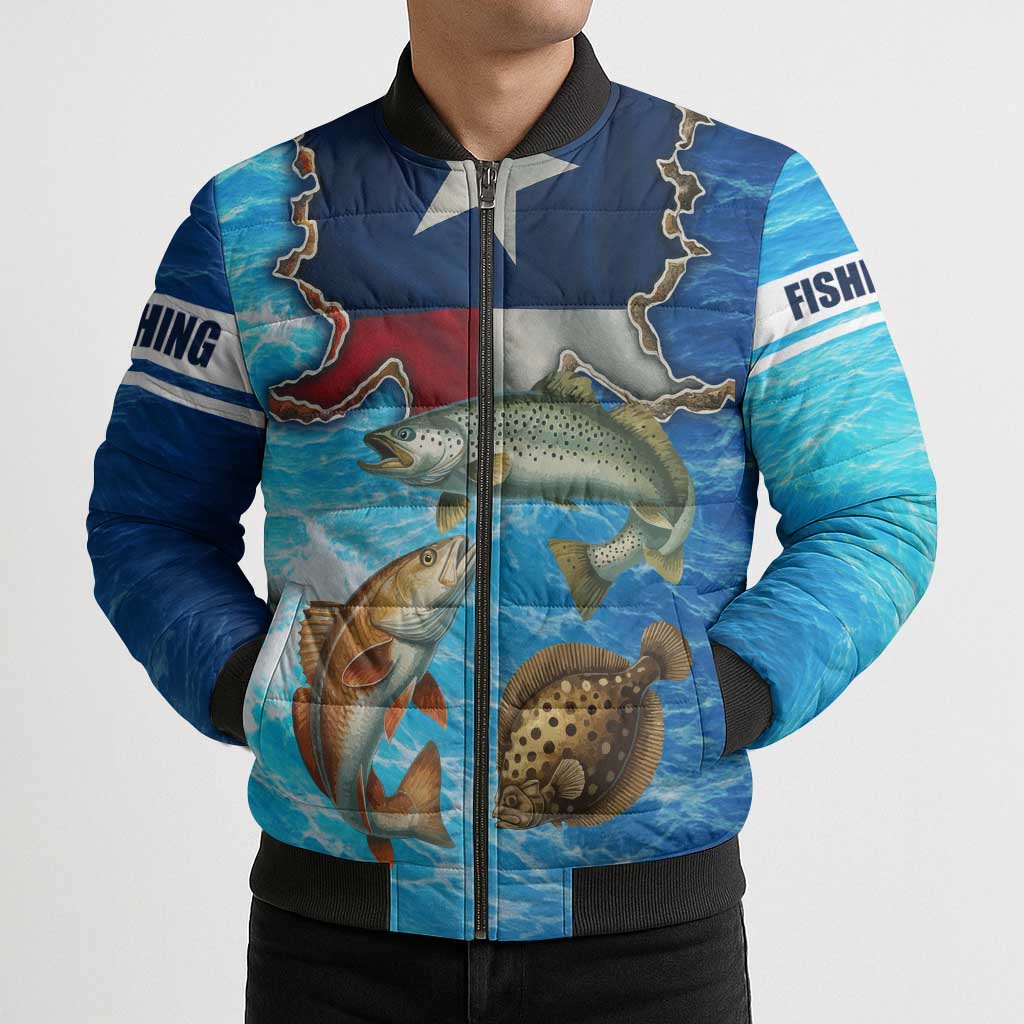 Texas Flag Fishing Bomber Puffer Jacket with Ocean Fish Graphic and Blue Water Background - Wonder Print Shop