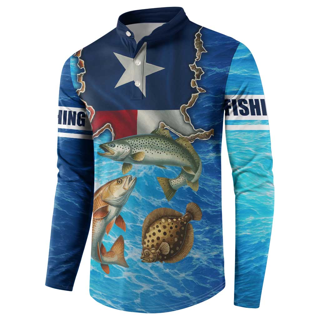 Texas Flag Fishing Button Sweatshirt with Ocean Fish Graphic and Blue Water Background - Wonder Print Shop