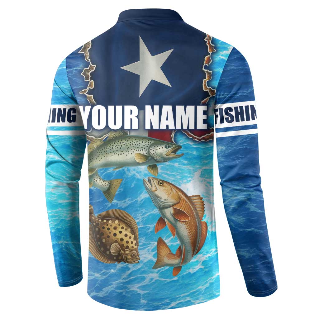 Texas Flag Fishing Button Sweatshirt with Ocean Fish Graphic and Blue Water Background - Wonder Print Shop