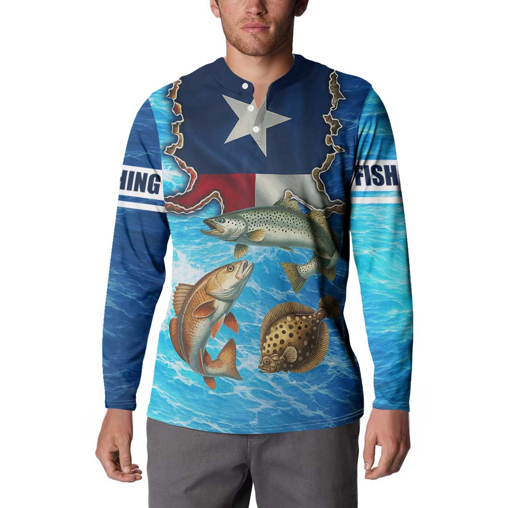 Texas Flag Fishing Button Sweatshirt with Ocean Fish Graphic and Blue Water Background - Wonder Print Shop