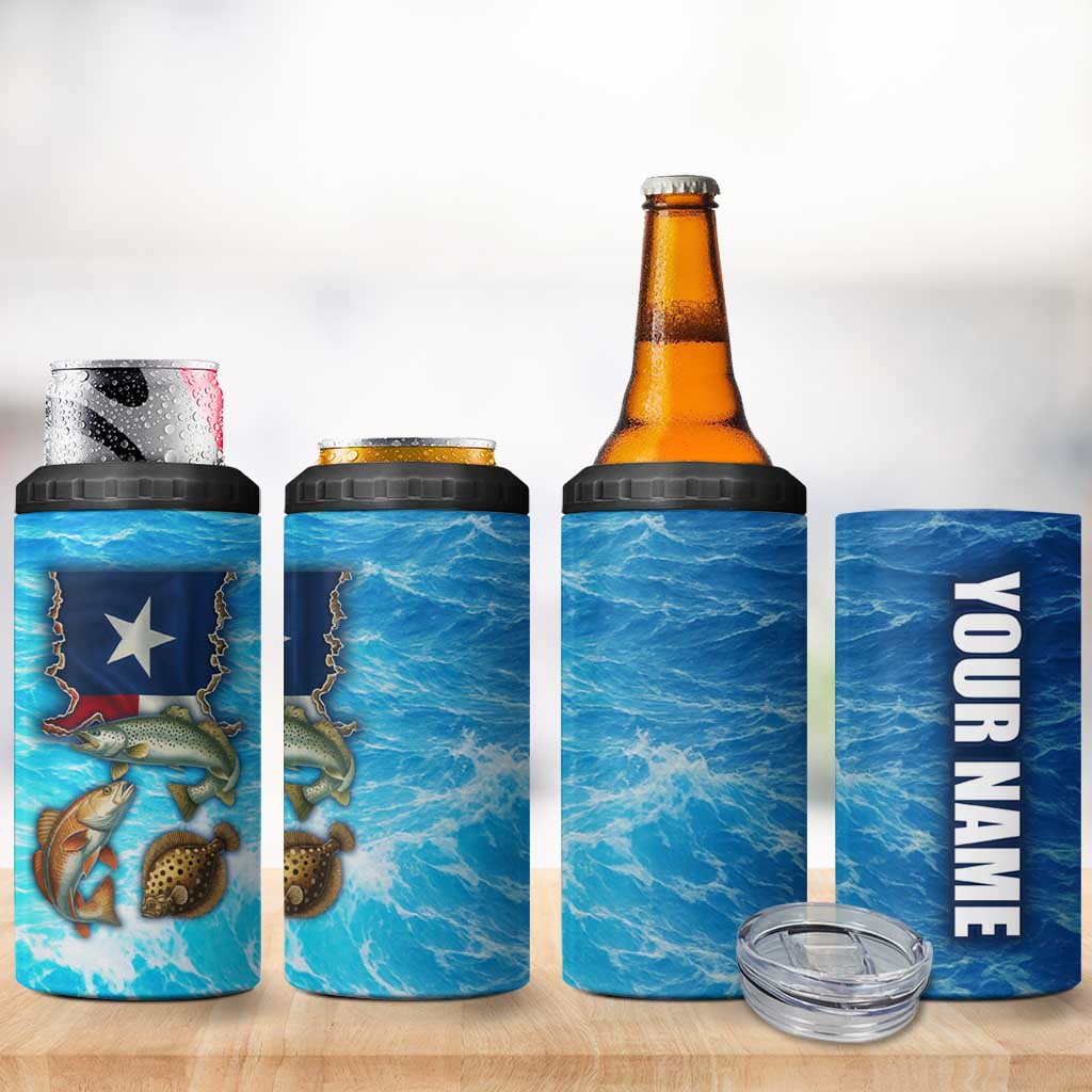 Texas Flag Fishing 4 in 1 Can Cooler Tumbler with Ocean Fish Graphic and Blue Water Background - Wonder Print Shop