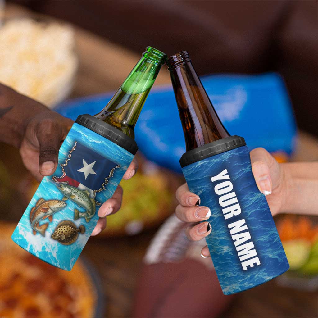 Texas Flag Fishing 4 in 1 Can Cooler Tumbler with Ocean Fish Graphic and Blue Water Background - Wonder Print Shop