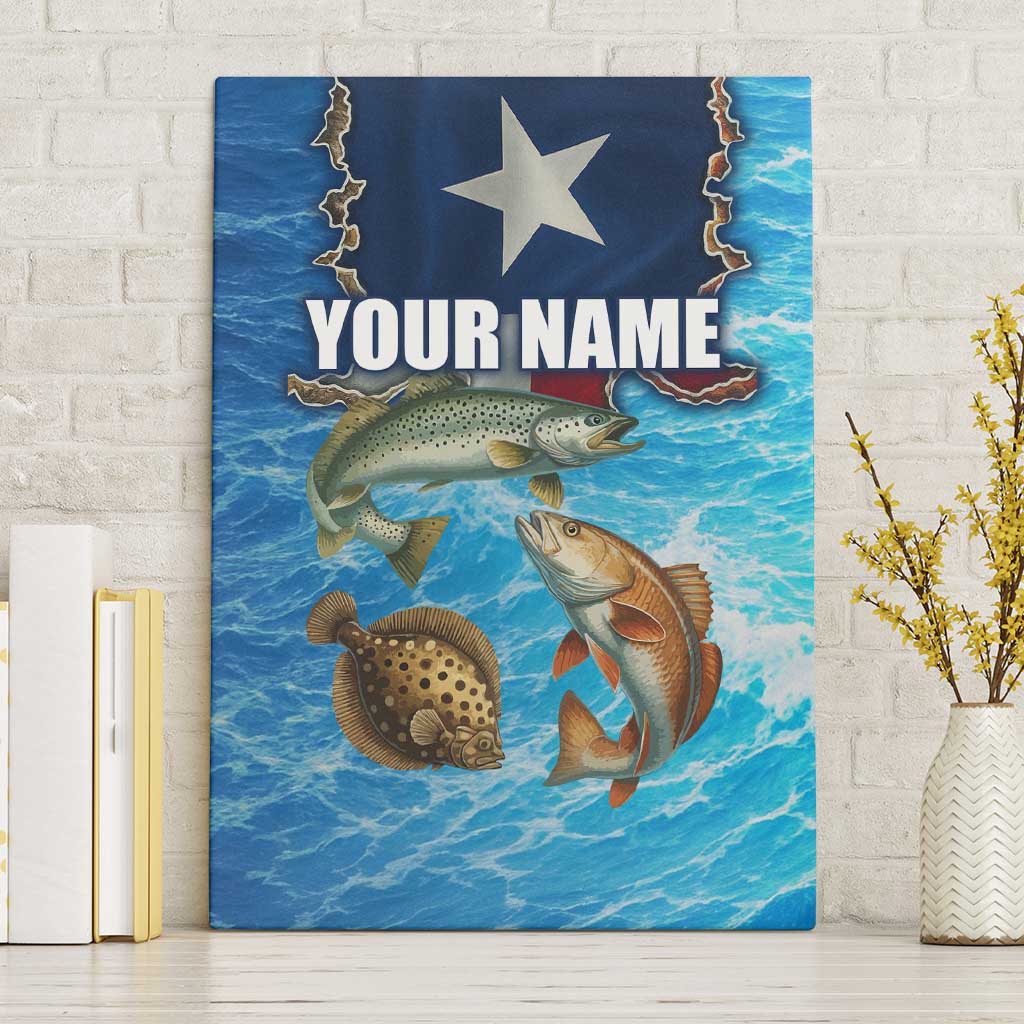Texas Flag Fishing Canvas Wall Art with Ocean Fish Graphic and Blue Water Background - Wonder Print Shop