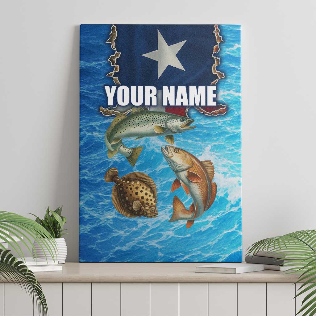 Texas Flag Fishing Canvas Wall Art with Ocean Fish Graphic and Blue Water Background - Wonder Print Shop