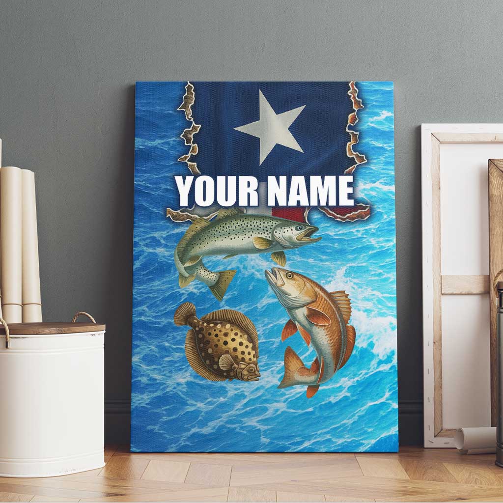 Texas Flag Fishing Canvas Wall Art with Ocean Fish Graphic and Blue Water Background - Wonder Print Shop