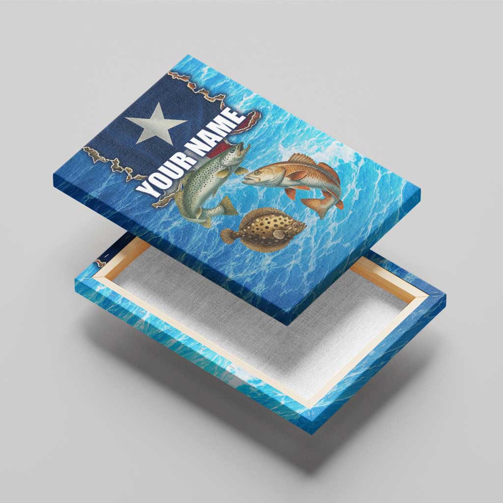 Texas Flag Fishing Canvas Wall Art with Ocean Fish Graphic and Blue Water Background - Wonder Print Shop