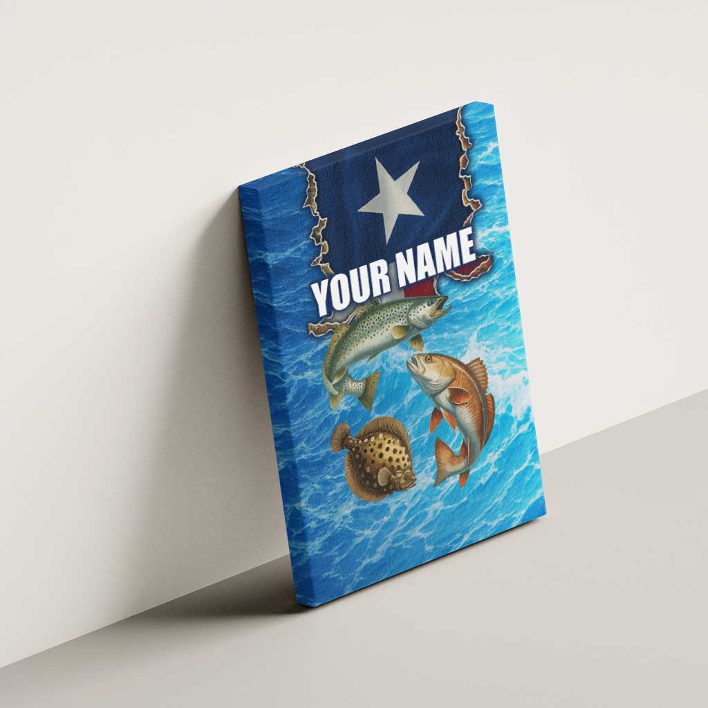 Texas Flag Fishing Canvas Wall Art with Ocean Fish Graphic and Blue Water Background - Wonder Print Shop