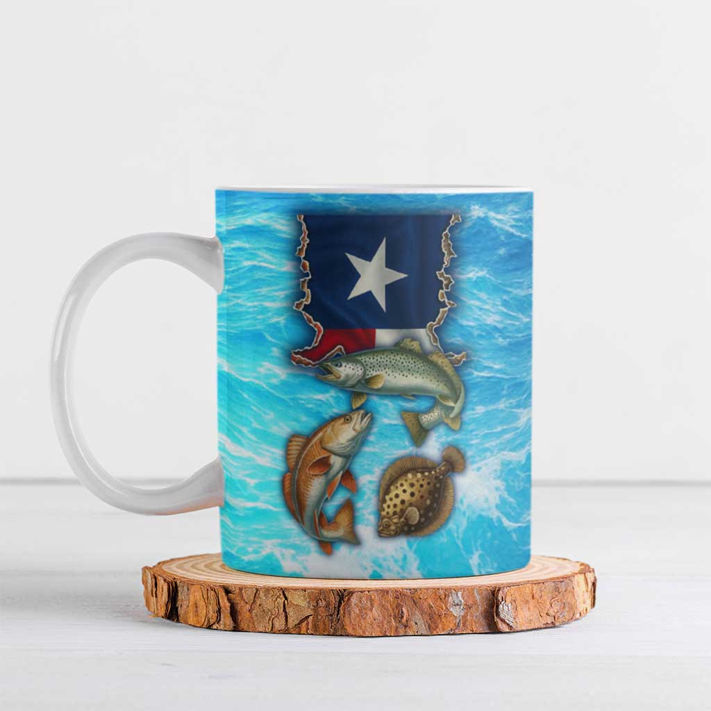 Texas Flag Fishing Ceramic Mug with Ocean Fish Graphic and Blue Water Background - Wonder Print Shop