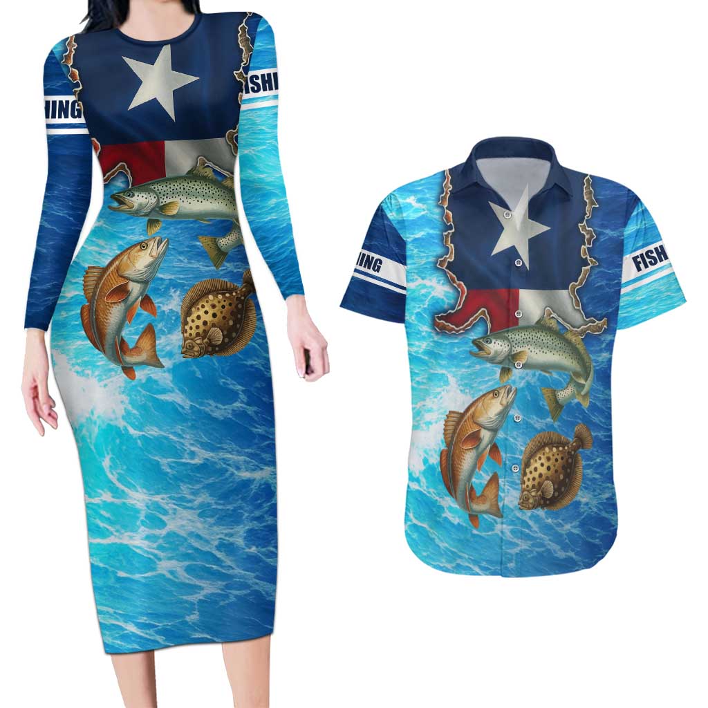 Texas Flag Fishing Couples Matching Long Sleeve Bodycon Dress and Hawaiian Shirt with Ocean Fish Graphic and Blue Water Background - Wonder Print Shop