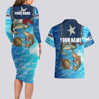 Texas Flag Fishing Couples Matching Long Sleeve Bodycon Dress and Hawaiian Shirt with Ocean Fish Graphic and Blue Water Background - Wonder Print Shop