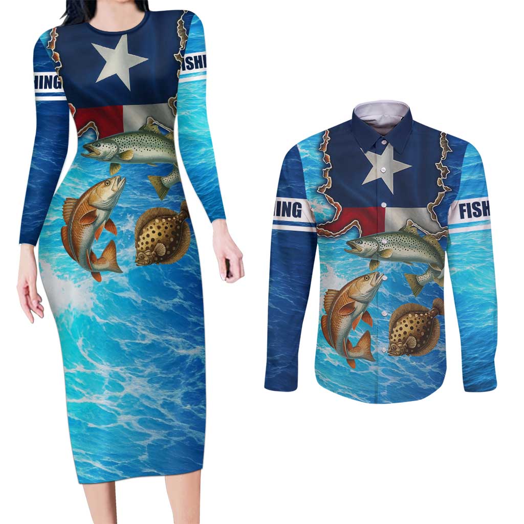 Texas Flag Fishing Couples Matching Long Sleeve Bodycon Dress and Long Sleeve Button Shirt with Ocean Fish Graphic and Blue Water Background - Wonder Print Shop