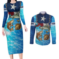 Texas Flag Fishing Couples Matching Long Sleeve Bodycon Dress and Long Sleeve Button Shirt with Ocean Fish Graphic and Blue Water Background - Wonder Print Shop