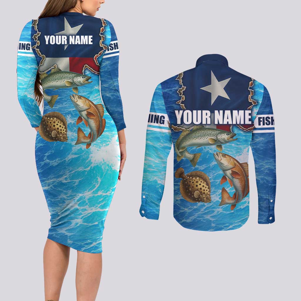 Texas Flag Fishing Couples Matching Long Sleeve Bodycon Dress and Long Sleeve Button Shirt with Ocean Fish Graphic and Blue Water Background - Wonder Print Shop