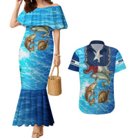 Texas Flag Fishing Couples Matching Mermaid Dress and Hawaiian Shirt with Ocean Fish Graphic and Blue Water Background - Wonder Print Shop