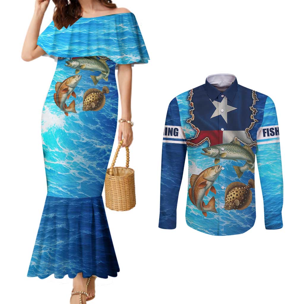 Texas Flag Fishing Couples Matching Mermaid Dress and Long Sleeve Button Shirt with Ocean Fish Graphic and Blue Water Background - Wonder Print Shop