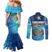 Texas Flag Fishing Couples Matching Mermaid Dress and Long Sleeve Button Shirt with Ocean Fish Graphic and Blue Water Background - Wonder Print Shop