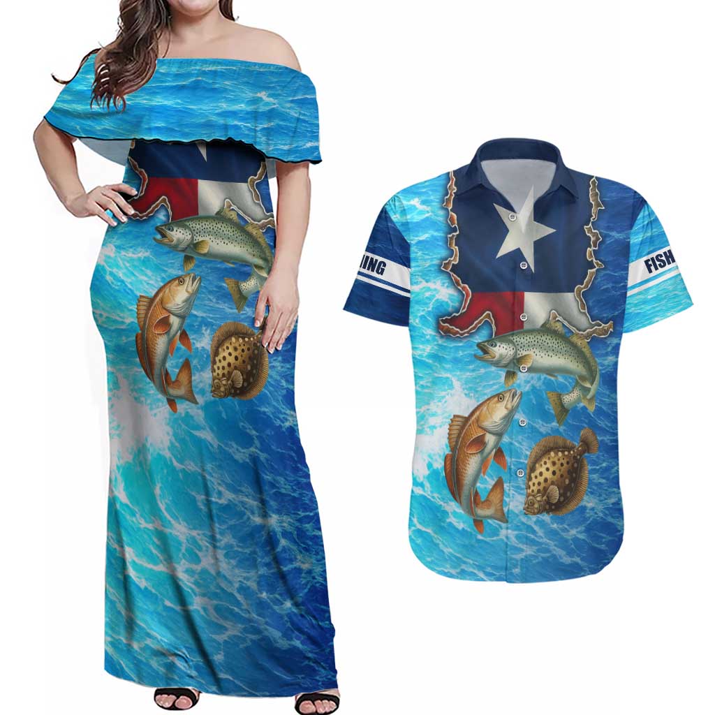 Texas Flag Fishing Couples Matching Off Shoulder Maxi Dress and Hawaiian Shirt with Ocean Fish Graphic and Blue Water Background - Wonder Print Shop