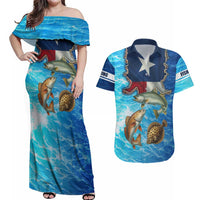 Texas Flag Fishing Couples Matching Off Shoulder Maxi Dress and Hawaiian Shirt with Ocean Fish Graphic and Blue Water Background - Wonder Print Shop