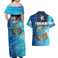 Texas Flag Fishing Couples Matching Off Shoulder Maxi Dress and Hawaiian Shirt with Ocean Fish Graphic and Blue Water Background - Wonder Print Shop