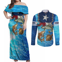 Texas Flag Fishing Couples Matching Off Shoulder Maxi Dress and Long Sleeve Button Shirt with Ocean Fish Graphic and Blue Water Background - Wonder Print Shop