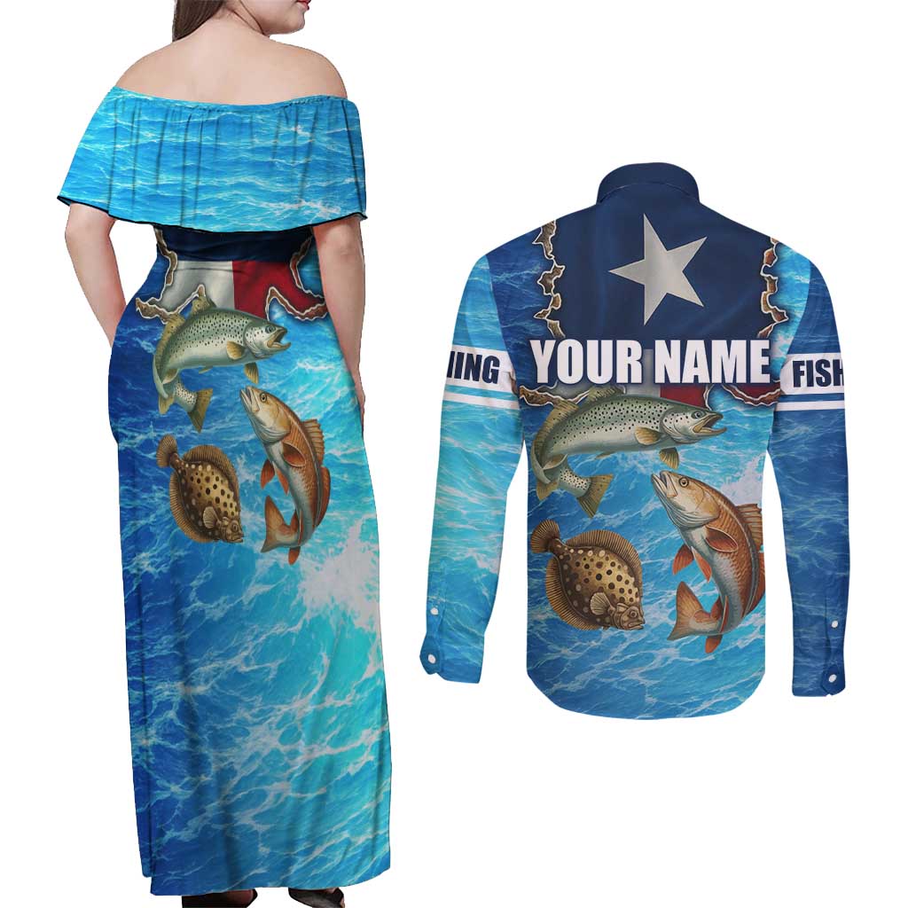 Texas Flag Fishing Couples Matching Off Shoulder Maxi Dress and Long Sleeve Button Shirt with Ocean Fish Graphic and Blue Water Background - Wonder Print Shop