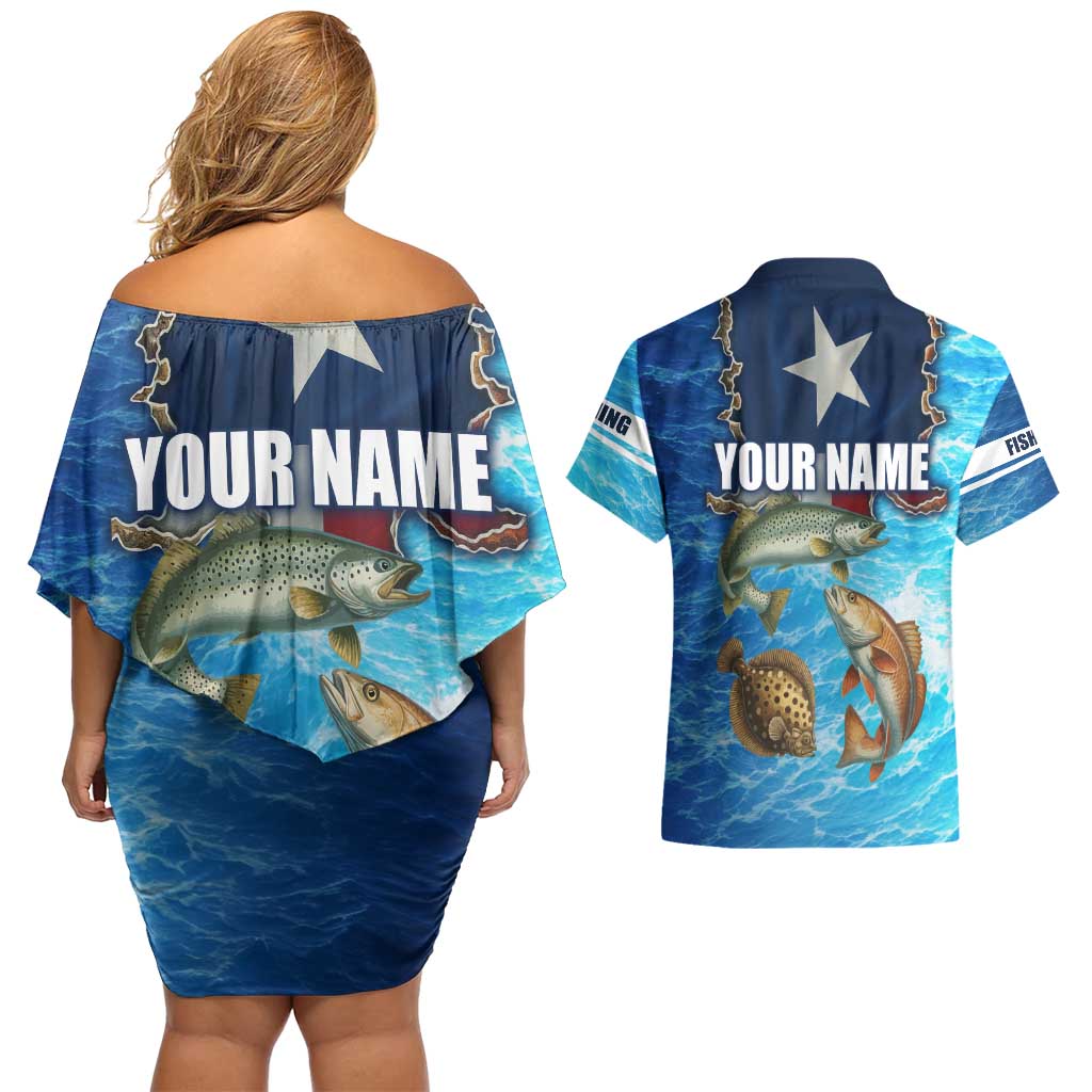 Texas Flag Fishing Couples Matching Off Shoulder Short Dress and Hawaiian Shirt with Ocean Fish Graphic and Blue Water Background - Wonder Print Shop