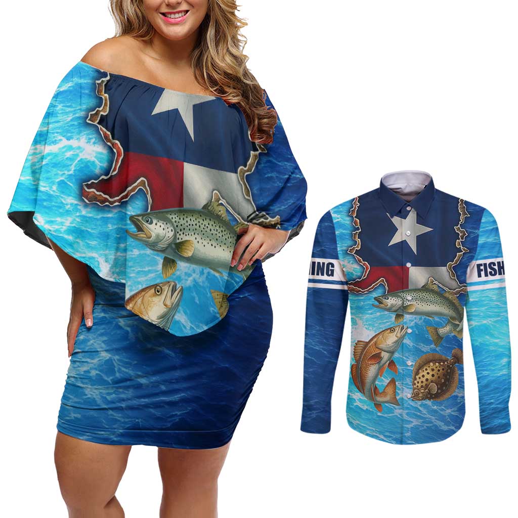 Texas Flag Fishing Couples Matching Off Shoulder Short Dress and Long Sleeve Button Shirt with Ocean Fish Graphic and Blue Water Background - Wonder Print Shop