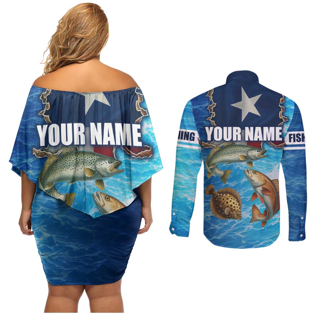 Texas Flag Fishing Couples Matching Off Shoulder Short Dress and Long Sleeve Button Shirt with Ocean Fish Graphic and Blue Water Background - Wonder Print Shop