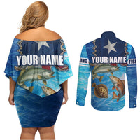Texas Flag Fishing Couples Matching Off Shoulder Short Dress and Long Sleeve Button Shirt with Ocean Fish Graphic and Blue Water Background - Wonder Print Shop