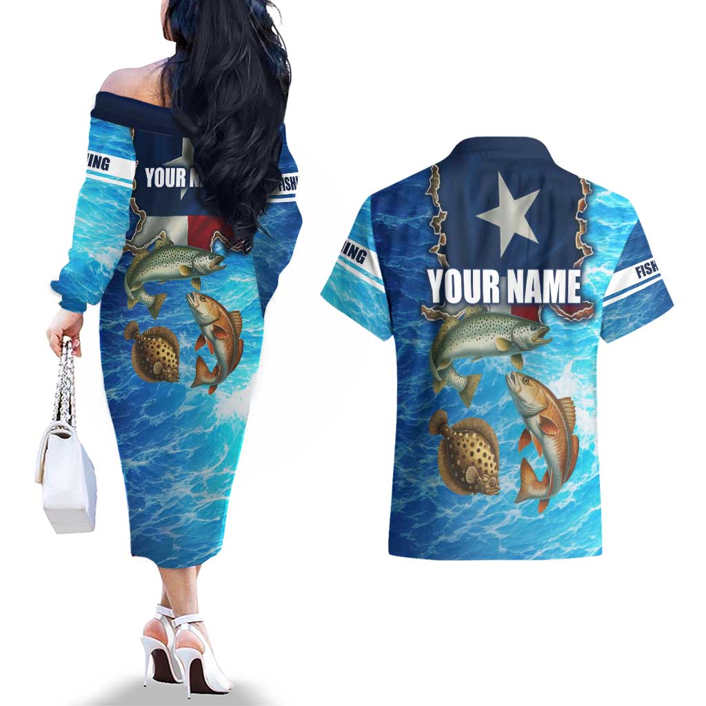 Texas Flag Fishing Couples Matching Off The Shoulder Long Sleeve Dress and Hawaiian Shirt with Ocean Fish Graphic and Blue Water Background - Wonder Print Shop