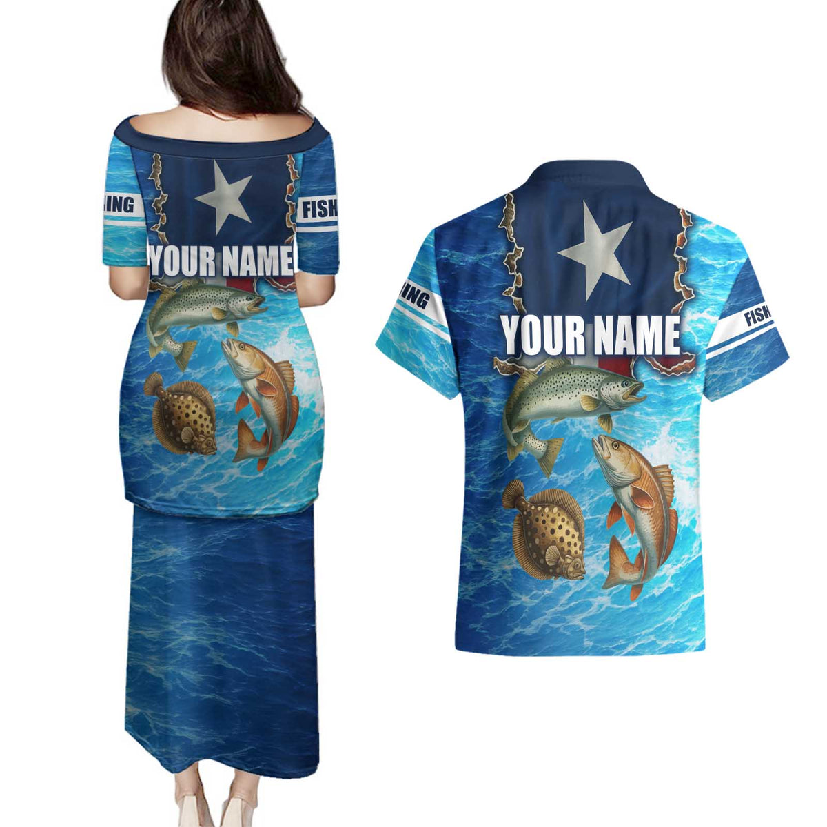 Texas Flag Fishing Couples Matching Puletasi and Hawaiian Shirt with Ocean Fish Graphic and Blue Water Background - Wonder Print Shop