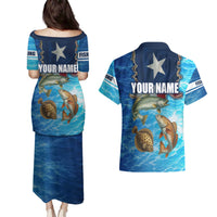 Texas Flag Fishing Couples Matching Puletasi and Hawaiian Shirt with Ocean Fish Graphic and Blue Water Background - Wonder Print Shop