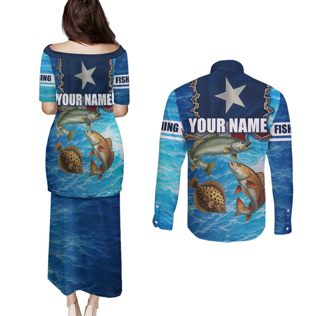 Texas Flag Fishing Couples Matching Puletasi and Long Sleeve Button Shirt with Ocean Fish Graphic and Blue Water Background - Wonder Print Shop
