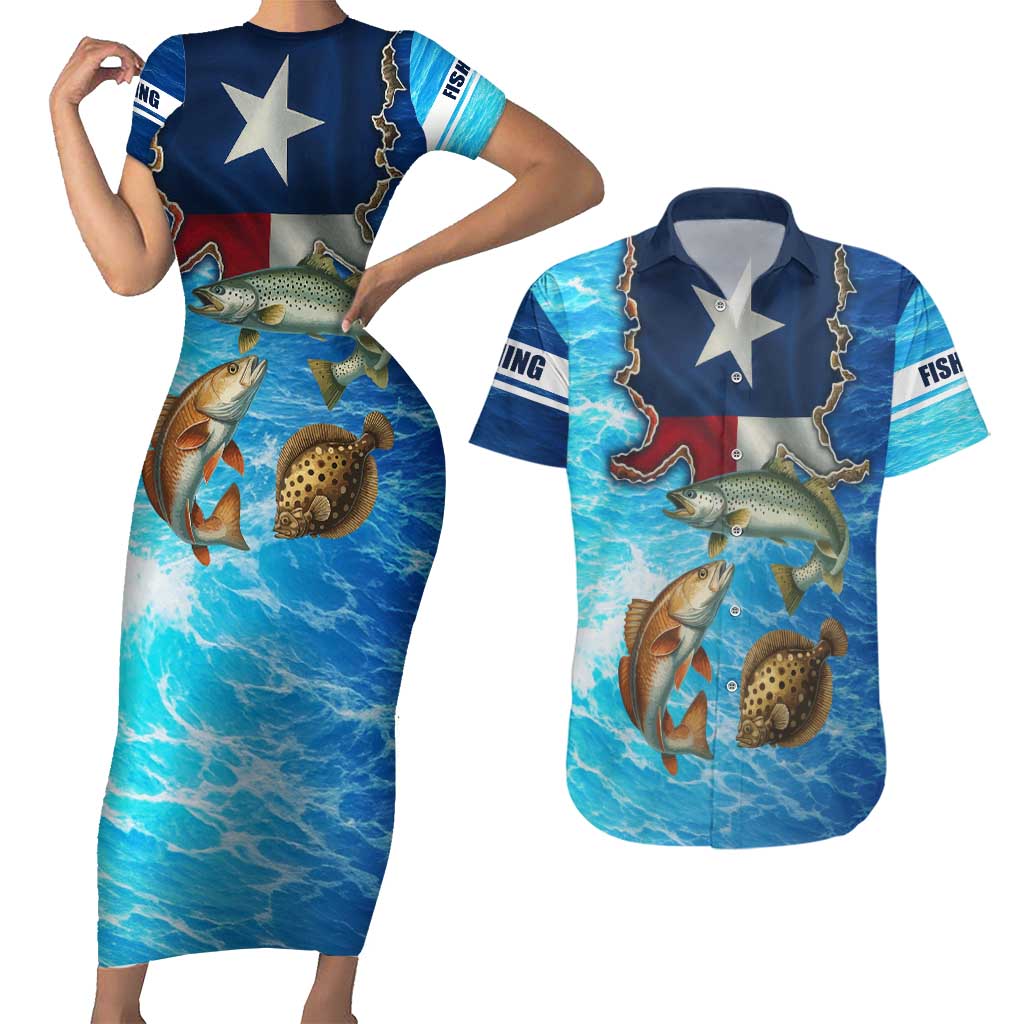 Texas Flag Fishing Couples Matching Short Sleeve Bodycon Dress and Hawaiian Shirt with Ocean Fish Graphic and Blue Water Background - Wonder Print Shop