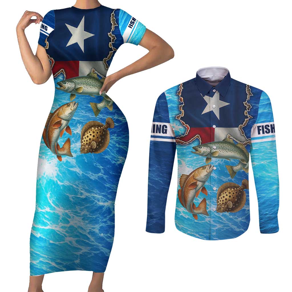 Texas Flag Fishing Couples Matching Short Sleeve Bodycon Dress and Long Sleeve Button Shirt with Ocean Fish Graphic and Blue Water Background - Wonder Print Shop