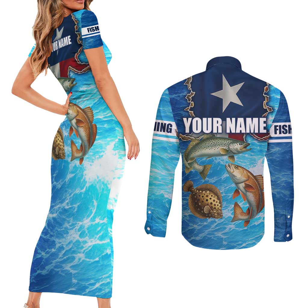 Texas Flag Fishing Couples Matching Short Sleeve Bodycon Dress and Long Sleeve Button Shirt with Ocean Fish Graphic and Blue Water Background - Wonder Print Shop