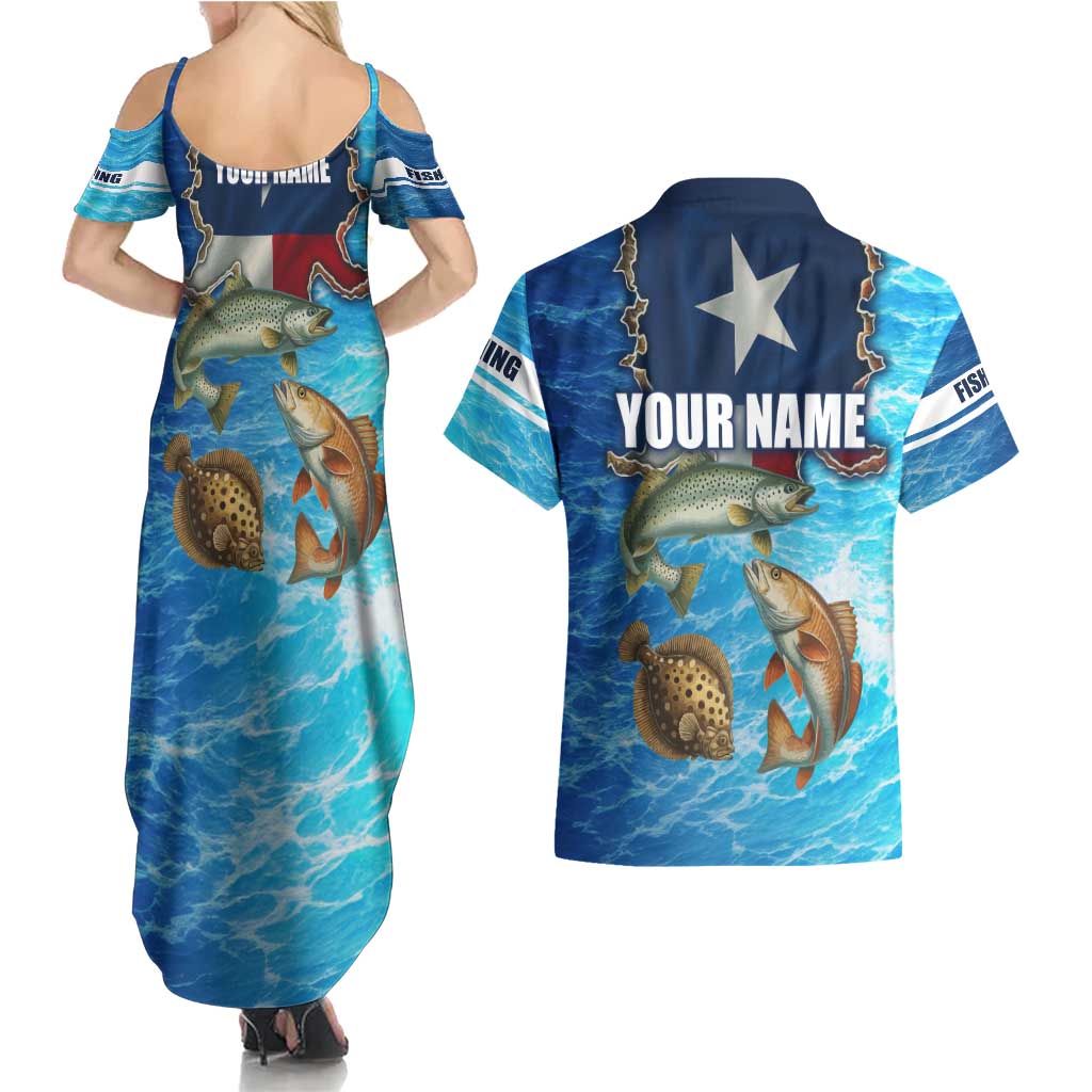 Texas Flag Fishing Couples Matching Summer Maxi Dress and Hawaiian Shirt with Ocean Fish Graphic and Blue Water Background - Wonder Print Shop