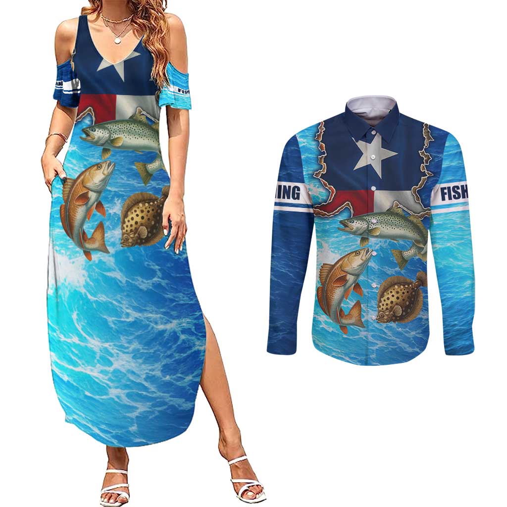 Texas Flag Fishing Couples Matching Summer Maxi Dress and Long Sleeve Button Shirt with Ocean Fish Graphic and Blue Water Background - Wonder Print Shop