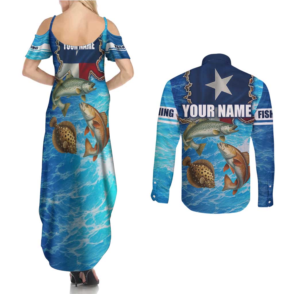 Texas Flag Fishing Couples Matching Summer Maxi Dress and Long Sleeve Button Shirt with Ocean Fish Graphic and Blue Water Background - Wonder Print Shop