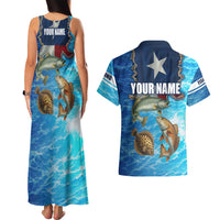 Texas Flag Fishing Couples Matching Tank Maxi Dress and Hawaiian Shirt with Ocean Fish Graphic and Blue Water Background - Wonder Print Shop