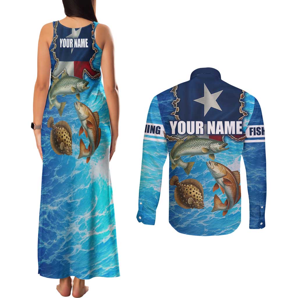 Texas Flag Fishing Couples Matching Tank Maxi Dress and Long Sleeve Button Shirt with Ocean Fish Graphic and Blue Water Background - Wonder Print Shop