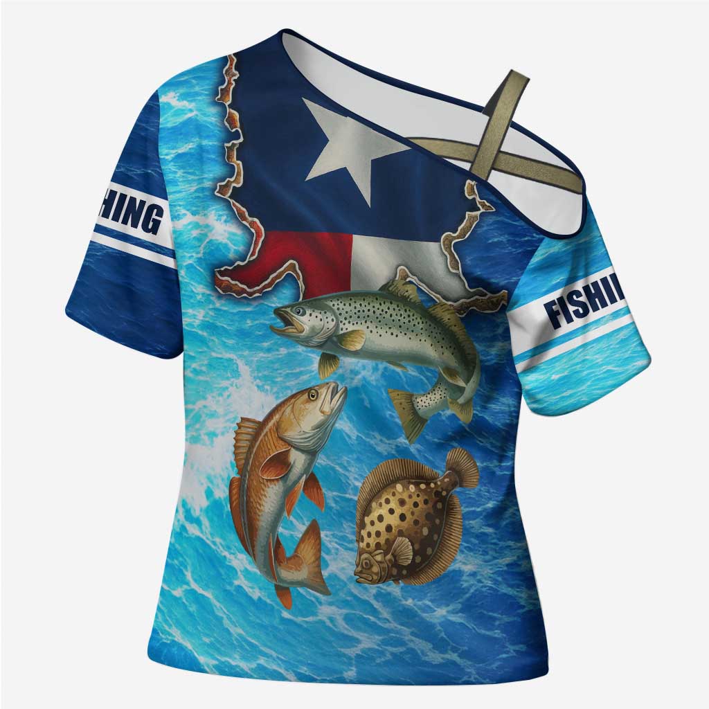 Texas Flag Fishing Cross Shoulder Shirt with Ocean Fish Graphic and Blue Water Background - Wonder Print Shop