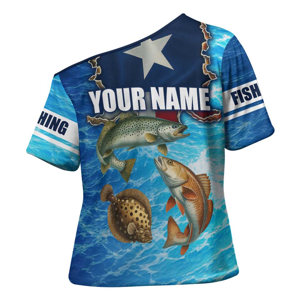 Texas Flag Fishing Cross Shoulder Shirt with Ocean Fish Graphic and Blue Water Background - Wonder Print Shop
