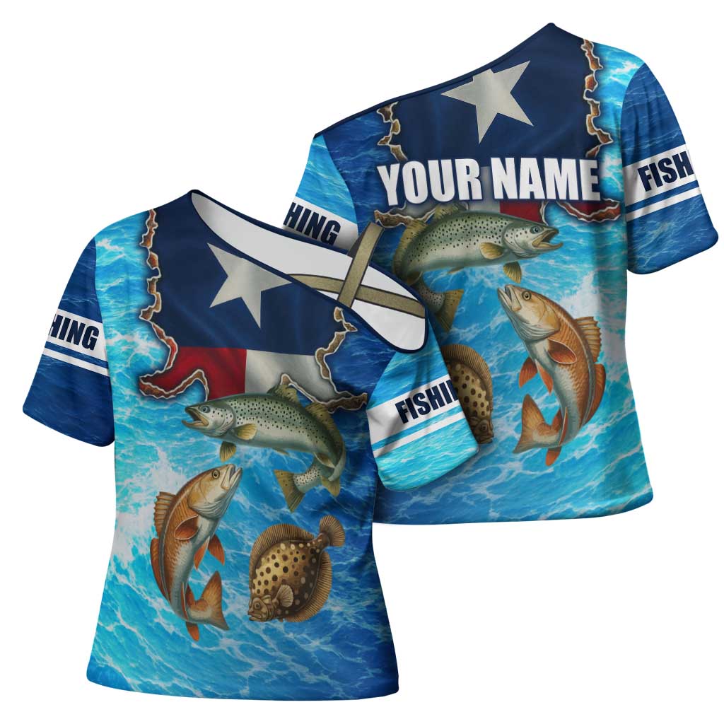 Texas Flag Fishing Cross Shoulder Shirt with Ocean Fish Graphic and Blue Water Background - Wonder Print Shop