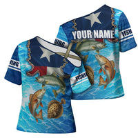 Texas Flag Fishing Cross Shoulder Shirt with Ocean Fish Graphic and Blue Water Background - Wonder Print Shop
